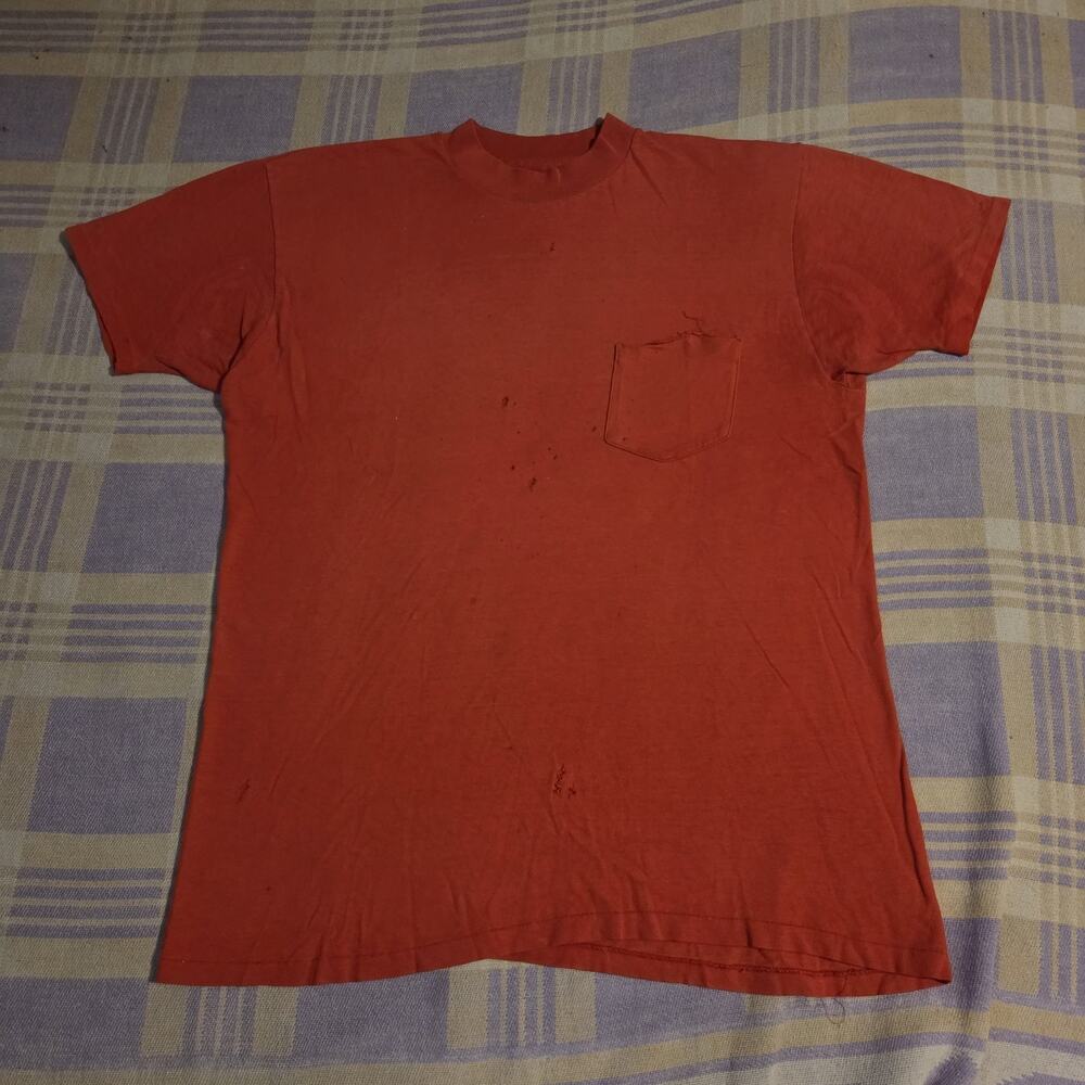 Vintage 60s 70s Sun Faded Pocket T Shirt Red Blank Distressed Workwear Thrashed
